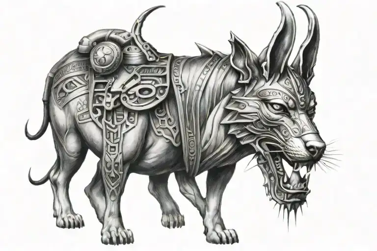dark humanoid anubis egyptian god surrounded with modern knowledge about health and ADHD  tattoo design idea