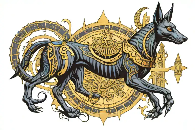dark anubis egyptian god surrounded with modern scientific knowledge, about adhd and health care tattoo design idea
