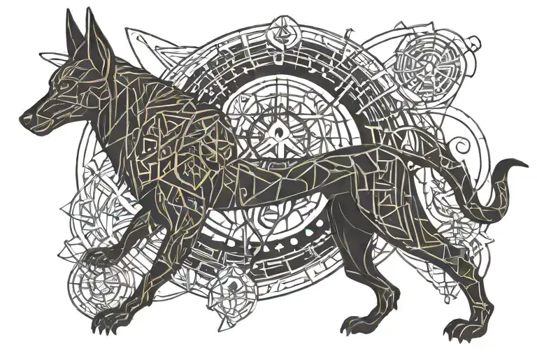 dark anubis holding my life tree, scientific illustration of life, adhd chaotic  tattoo design idea