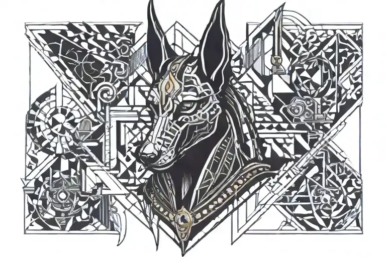 dark humanoid anubis egyptian god surrounded with modern geometric knowledge about modern science about health and ADHD  tattoo design idea
