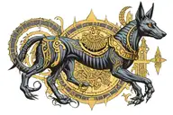 dark anubis egyptian god surrounded with modern scientific knowledge, about adhd and health care tattoo design idea