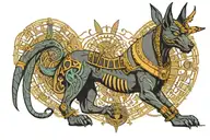 dark anubis egyptian god surrounded with modern scientific knowledge, about adhd and health care tattoo design idea