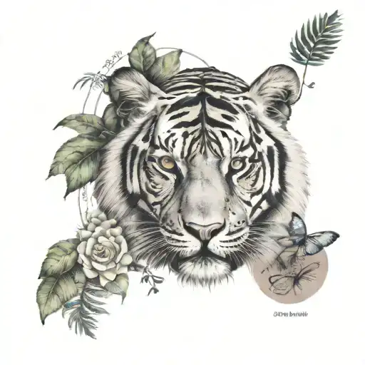 chest and arm sleeve with tiger eyes, elephsnt face, and vegetation with quotes tattoo design idea