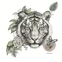 chest and arm sleeve with tiger eyes, elephsnt face, and vegetation with quotes tattoo design idea