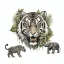 chest and arm sleeve with tiger eyes, elephsnt face, and vegetation with quotes tattoo design idea