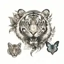 chest and arm sleeve with tiger eyes, elephsnt face, and vegetation with quotes tattoo design idea