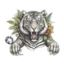 chest and arm sleeve with tiger eyes, elephsnt face, and vegetation with quotes tattoo design idea