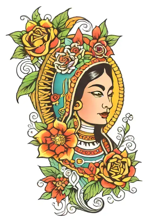 Guadalupe surrounded by a vibrant tattoo design idea