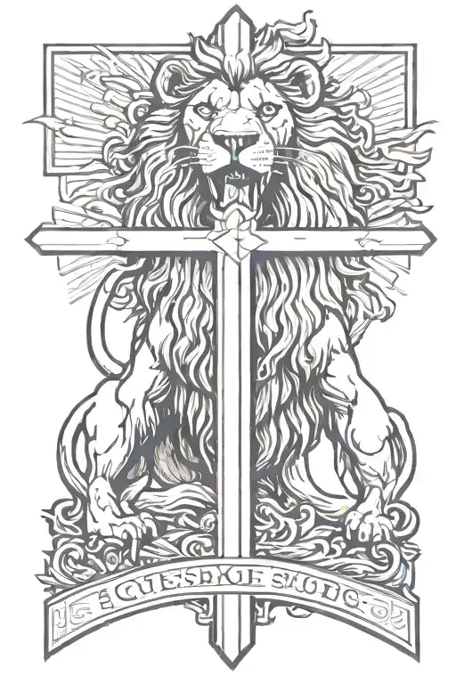 a lion roaring and standing underneath the cross of Jesus Christ tattoo design idea