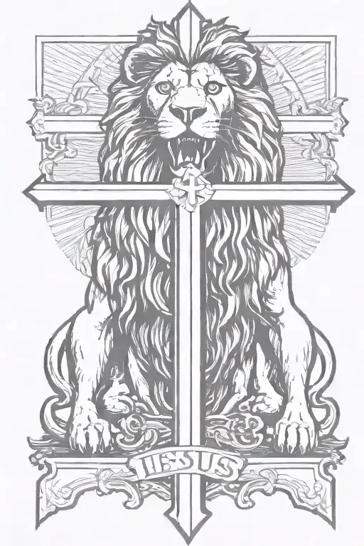 a lion roaring and standing underneath the cross of Jesus Christ tattoo design idea