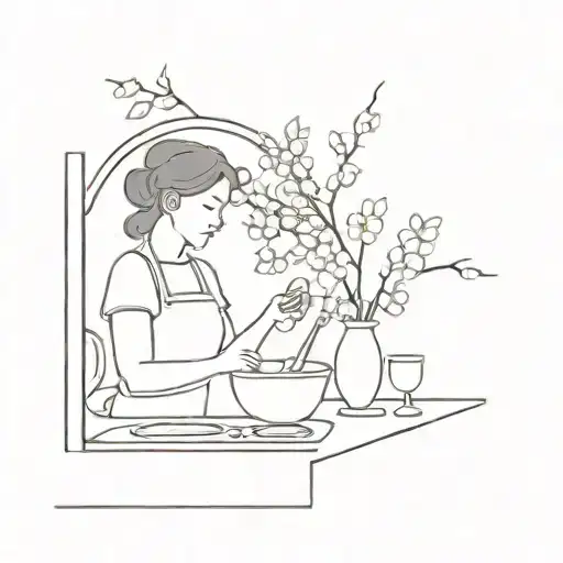 A minimalist tattoo design of a mom cooking in the kitchen with cherry blossom branches framing the scene tattoo design idea