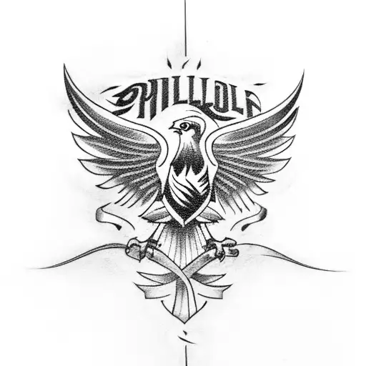A traditional style tattoo showcasing the iconic Philadelphia Eagles logo surrounded by a banner with the words 'Fly Eagles Fly' tattoo design idea