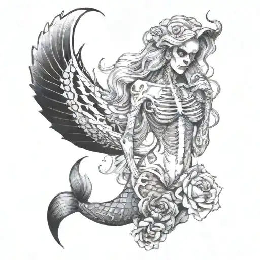full mermaid tattoo half skeleton demon half beautiful  tattoo design idea