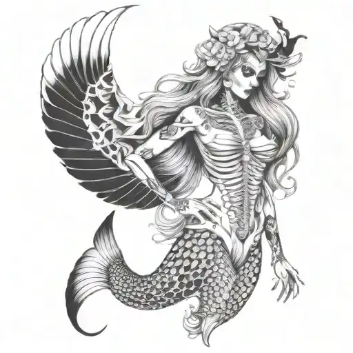 full mermaid tattoo half skeleton demon half beautiful  tattoo design idea