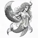full mermaid tattoo half skeleton demon half beautiful  tattoo design idea