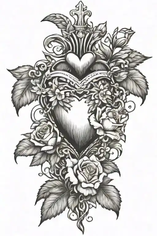 sacred heart on top connected and giving life to flowers below  tattoo design idea