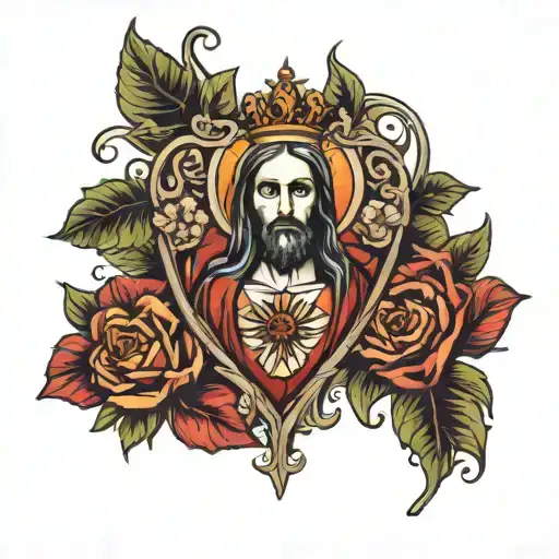sacred heart of jesus connect to overgrown thorn roses  tattoo design idea