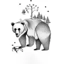 bear climbing a tree reaching for a bee hive  tattoo design idea