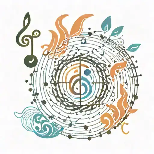An abstract representation of the four elements (earth, air, fire, water) merging with musical notes tattoo design idea