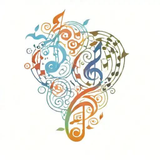 An abstract representation of the four elements (earth, air, fire, water) merging with musical notes tattoo design idea