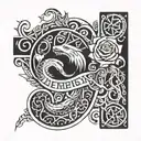 arm band with Viking letters with roses and a snake around the arm band tattoo design idea
