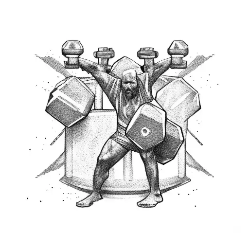 ripped wizard sitting on crate curling a dumbell exposed abs robes from waist down  tattoo design idea