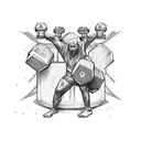 ripped wizard sitting on crate curling a dumbell exposed abs robes from waist down  tattoo design idea