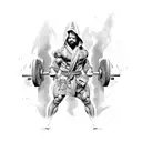 ripped wizard sitting on crate curling a dumbell exposed abs robes from waist down  tattoo design idea