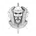 ripped wizard sitting on crate curling a dumbell exposed abs robes from waist down  tattoo design idea