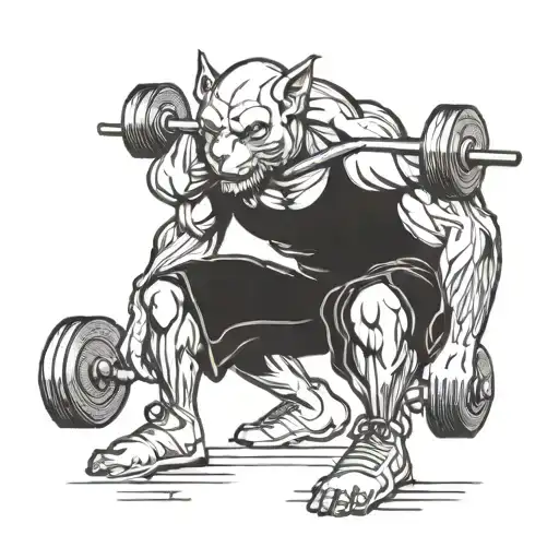 An artistic interpretation of a gym rat lifting weights, with emphasis on the muscles and determination tattoo design idea