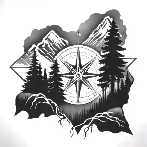 A compass rose with wilderness elements like trees, mountains, and rivers, symbolizing a love for hiking and exploring nature tattoo design idea