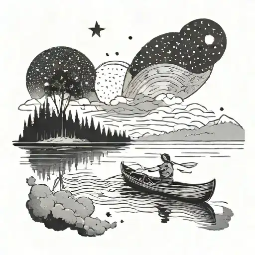A canoe floating on a serene lake under a starry night sky, with the Milky Way visible above tattoo design idea