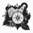 A compass rose with wilderness elements like trees, mountains, and rivers, symbolizing a love for hiking and exploring nature tattoo design idea