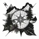 A compass rose with wilderness elements like trees, mountains, and rivers, symbolizing a love for hiking and exploring nature tattoo design idea