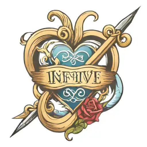 infinity and love heart with 4 names intertwined Trixie Timmy Tristan Tyrone tattoo design idea