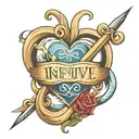 infinity and love heart with 4 names intertwined Trixie Timmy Tristan Tyrone tattoo design idea