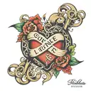 infinity and love heart with 4 names intertwined Trixie Timmy Tristan Tyrone tattoo design idea