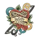 infinity and love heart with 4 names intertwined Trixie Timmy Tristan Tyrone tattoo design idea