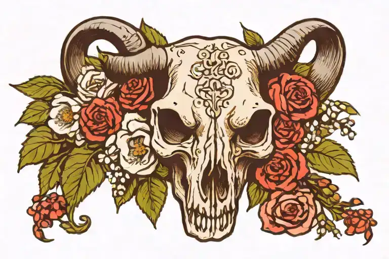 a bull skull with roses in the background and lily of the valley and hawthorn flowers draped over skull tattoo design idea