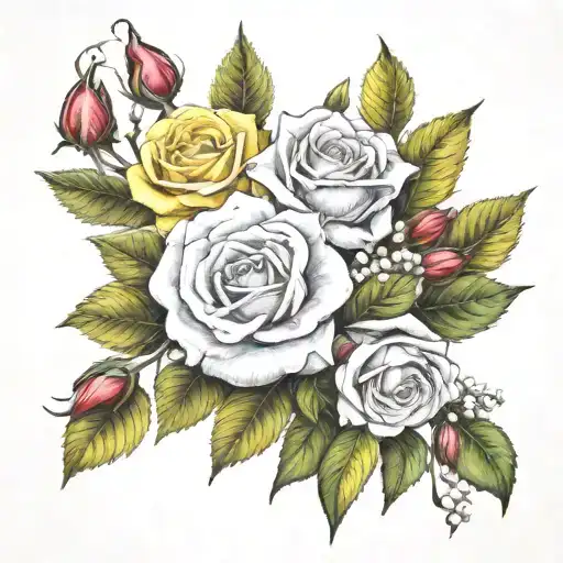 red roses yellow roses lillies of the valley and hawthorn  tattoo design idea