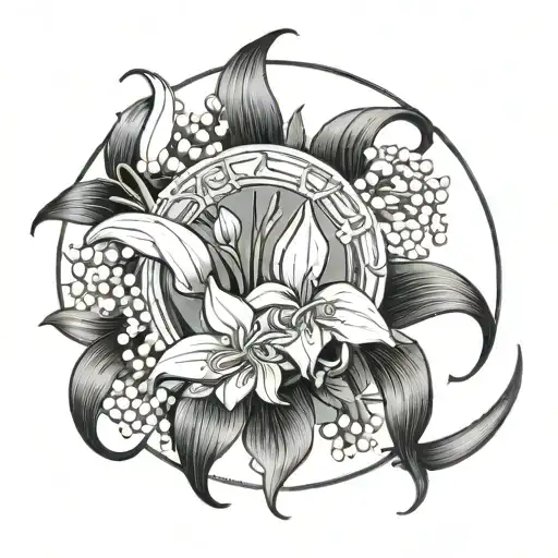 full moon hawthorn  bottom of moon lily of the valley wrapped around sides of moon  form  horns of the taurus stmbol tattoo design idea