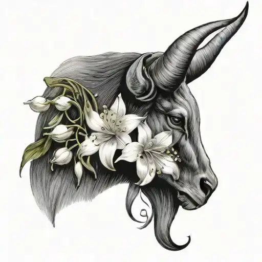 full moon hawthorn flower bottom of moon lily of the valley wrapped atound sides of moon to form the horns of the taurus tattoo design idea