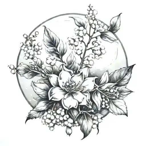 full moon with hawthorn flowers at the bottom lily of the valley on either side and the taurus symbol in the background  tattoo design idea