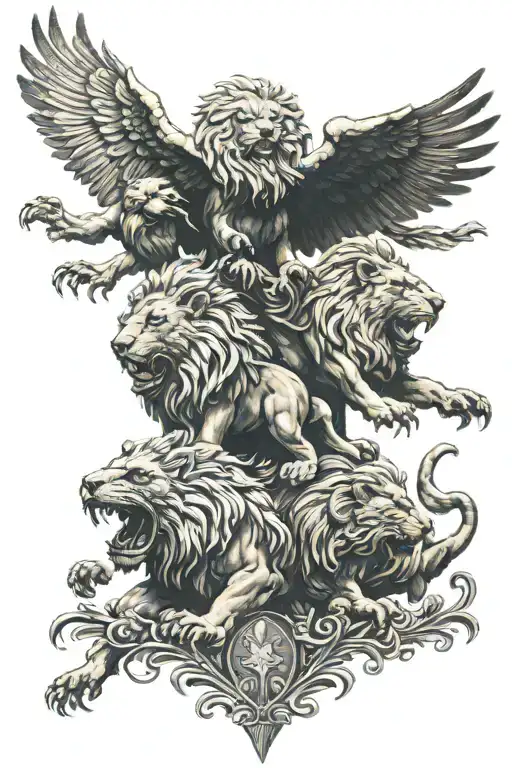 3 lions with an eagle soaring tattoo design idea