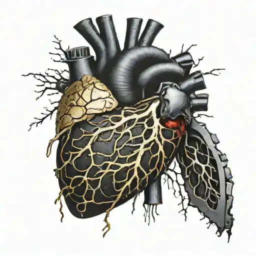 Realistic human heart with a black and gold circuitry inside. wires sticking out all over blood leaking out aorta valve tattoo design idea