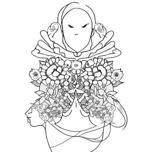 A girly body silhouette filled with several wound patches with flowers growing from the wound, representing self healing tattoo design idea