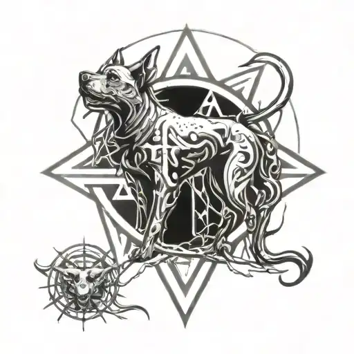pentagram surrounding hell hound tattoo design idea