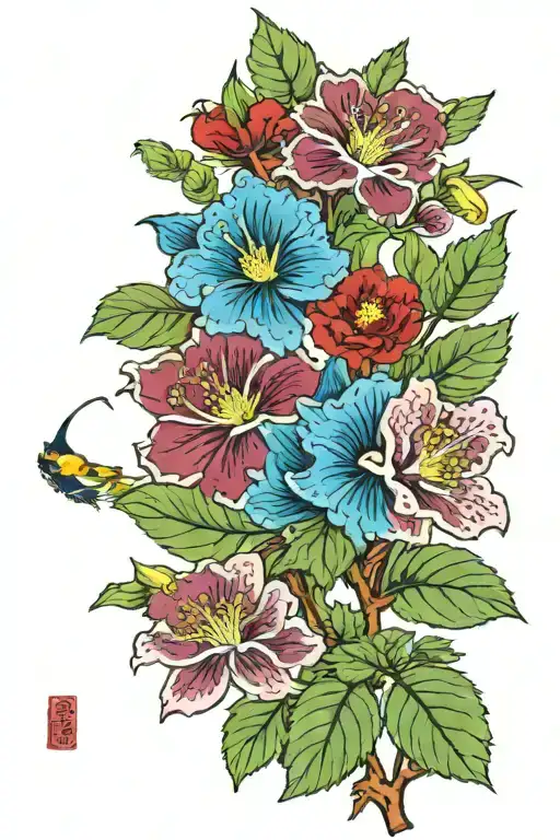 malva flowers in blue and red with green leaves and Japanese wind bars tattoo design idea
