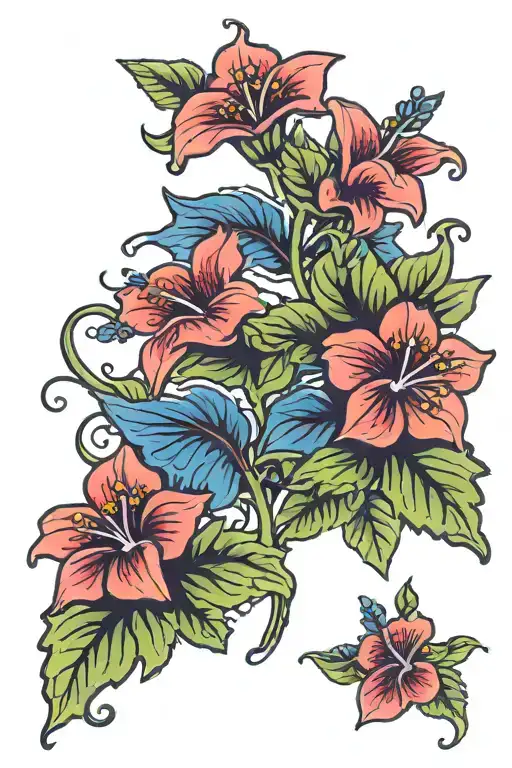 malva flowers in blue and red with green leaves and wind bars surrounding tattoo design idea