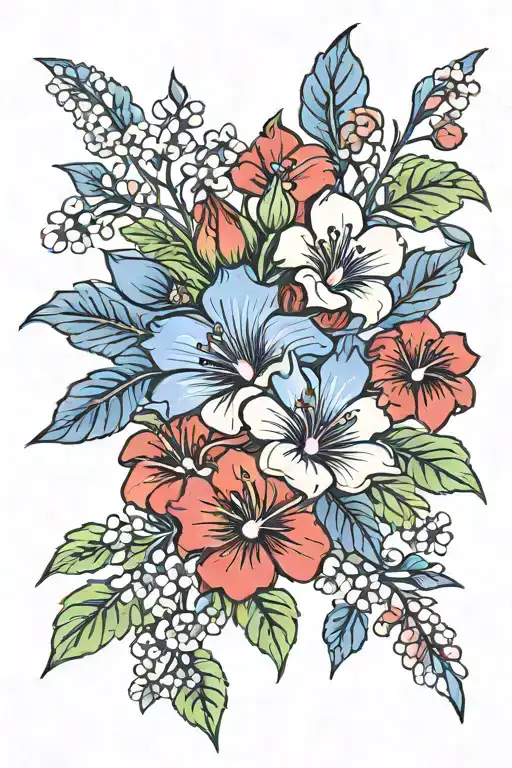 malva flowers in blue and red woth green leaves and Japanese windbars tattoo design idea
